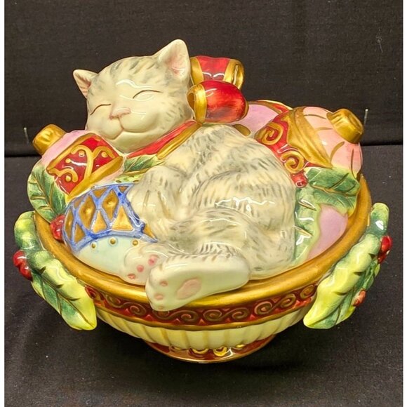 Vintage Fitz & Floyd Essentials "Kristmas Kitty" Lidded Candy Dish Christmas Cat - Picture 1 of 9